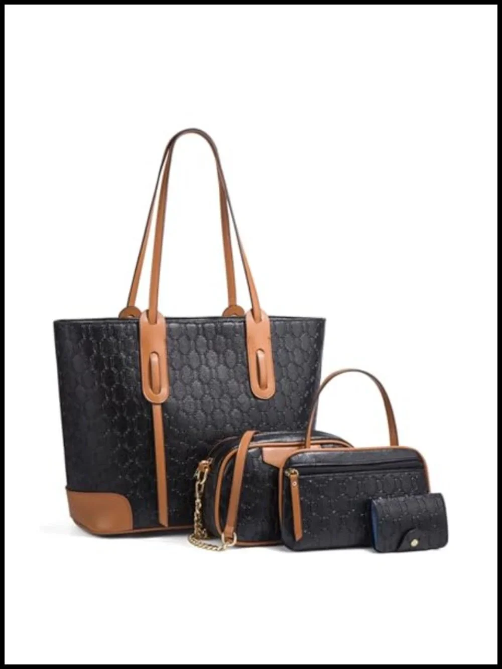 4-Piece Retro Embossed Tote Handbag Set with Card Purse for Women | Synthetic